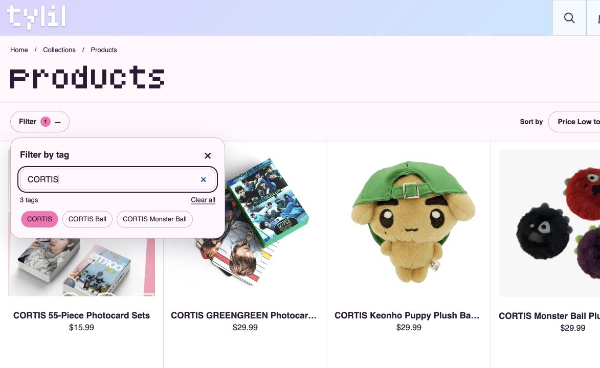 The Tylil product grid with the filter sidebar searching for CORTIS tags