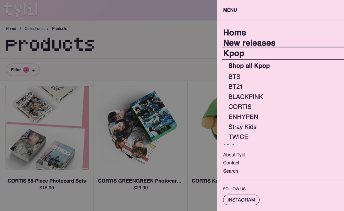 The Tylil navigation sidebar open over a filtered product collection