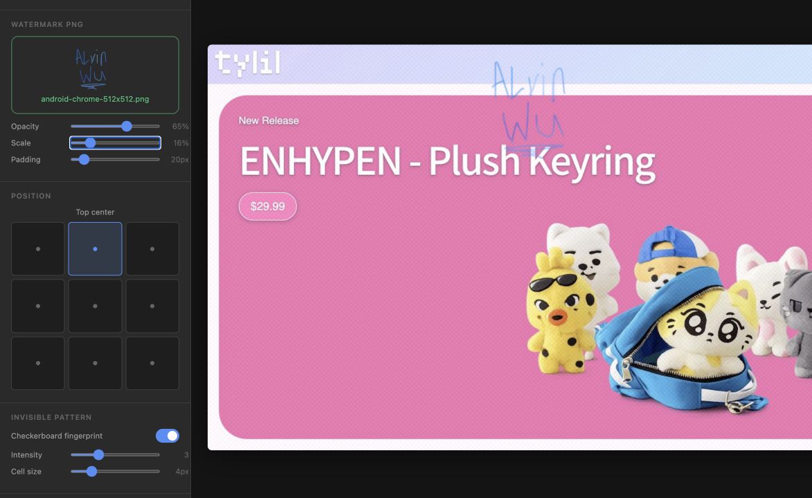 WatermarkKit showing an Alvin Wu watermark over a Tylil homepage image
